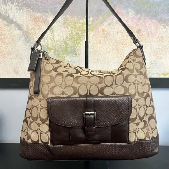 Coach Charlie Signature Python Brown and Tan Shoulder Bag - Picture 1 of 15
